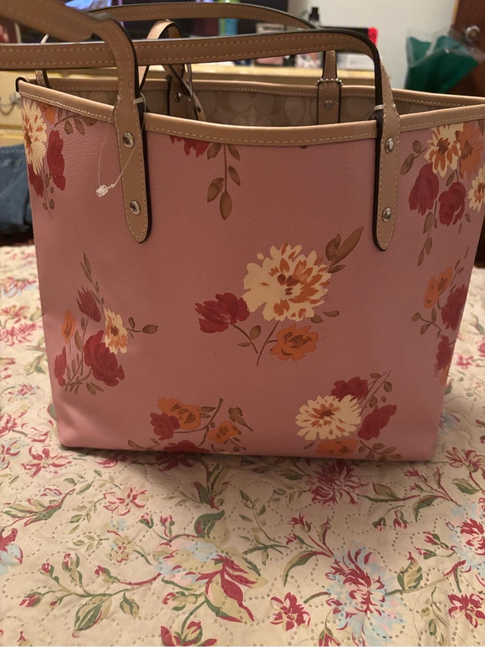 Coach Peony Floral print Tote with Tan Trim - Picture 2 of 16